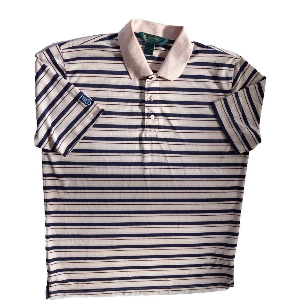 Brooks Brothers Men's Large Polo Clothes St. Andrews Links Striped Peach‎ Blue